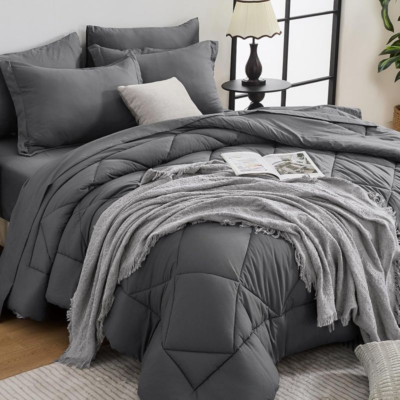 Photo 1 of HEVUMYI 7 Pieces Queen Comforter Set, All Season Reversible Bed in a Bag Queen, Ultra Soft Queen Bedding Set with Grey Comforter, Flat Sheet, Fitted Sheet, Pillowcases, Pillow Shams, Dark Grey