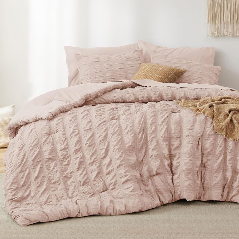 Photo 1 of Bedsure Bed in a Bag Queen - 7 Pieces Plaid Seersucker Bedding Comforter Sets, Soft Lightweight Rose Dust Boho Bed Set with Comforters Queen Size, Sheets, Pillowcases & Shams