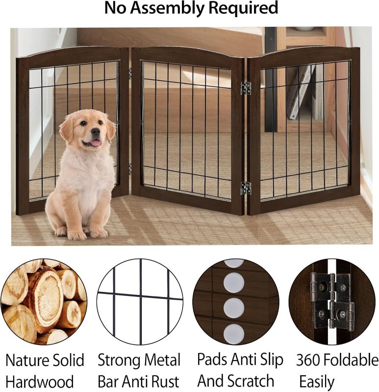 Photo 1 of LZRS 3-Panel Freestanding Foldable Wooden Dog Gate –Solid Wood & Steel Wire Chew-Resistant Indoor Safety Pet Fence for Doorways & Stairs, Ideal for Small to Medium Dogs & Puppies, Walnut