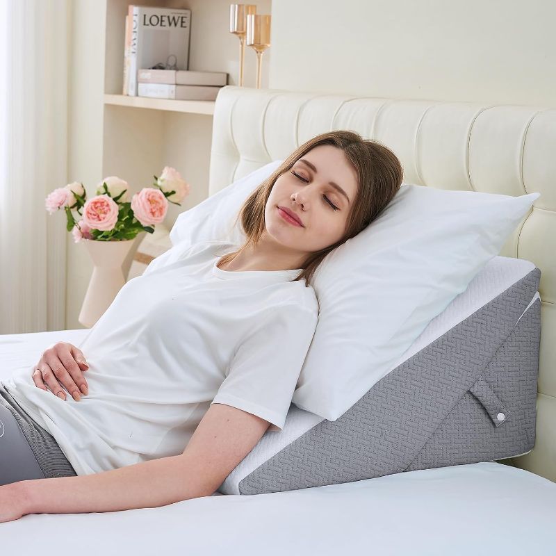 Photo 1 of Sasttie Wedge Pillow for After Surgery, Adjustable Memory Foam Bed Wedge Pillow Headboard for Sleeping, Acid Reflux, Surgery Recovery, Neck & Back Support, White and Dark Grey