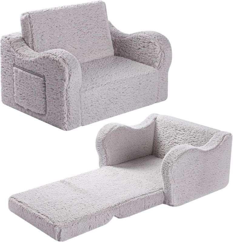 Photo 1 of Kids Chairs for Toddler, 2-in-1 Toddler Soft Sherpa Couch Fold Out, Convertible Sofa to Lounger for Girls and Boys, Grey