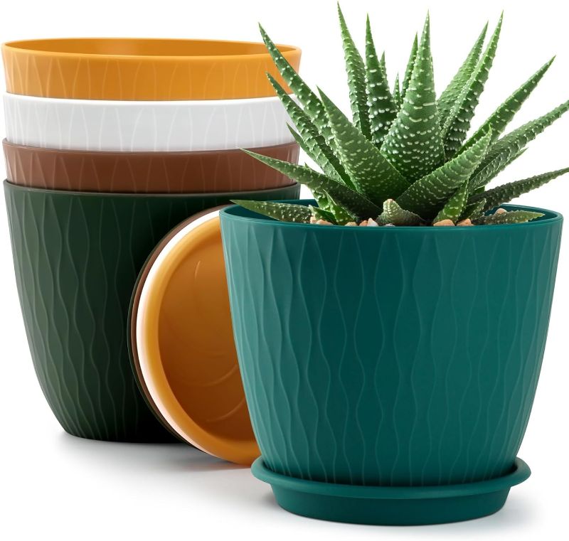 Photo 1 of Plant Pots – 6 Inch Planters with Drainage Holes and Saucers, Flower Pots for Indoor and Outdoor Plants, Nursery Planting Pots (Pack of 5, Multicolor)