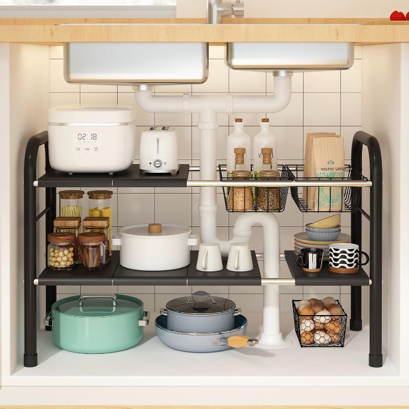 Photo 1 of Expandable Under Sink Organizer, 2 Tier Under Sink Shelf with 2 Removable Baskets and 6 Removable Panels for Cabinet Sink Cloakroom Wardrobe Closet Storage(Black, 17.71”-32” Length