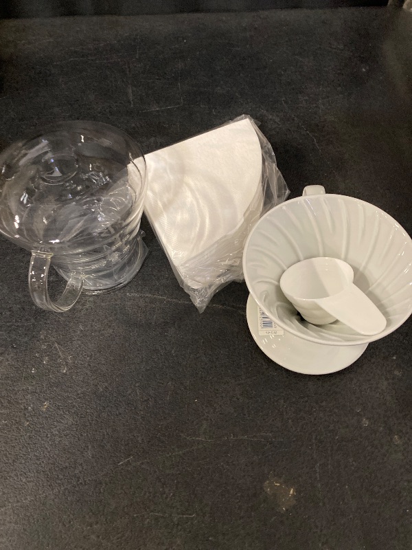 Photo 1 of Hario V60 Coffee Pour Over Kit Bundle Set - Comes with Ceramic Dripper, Range Server Glass Pot, Measuring Spoon, and 100 Count Package of Hario 02W Coffee Filters