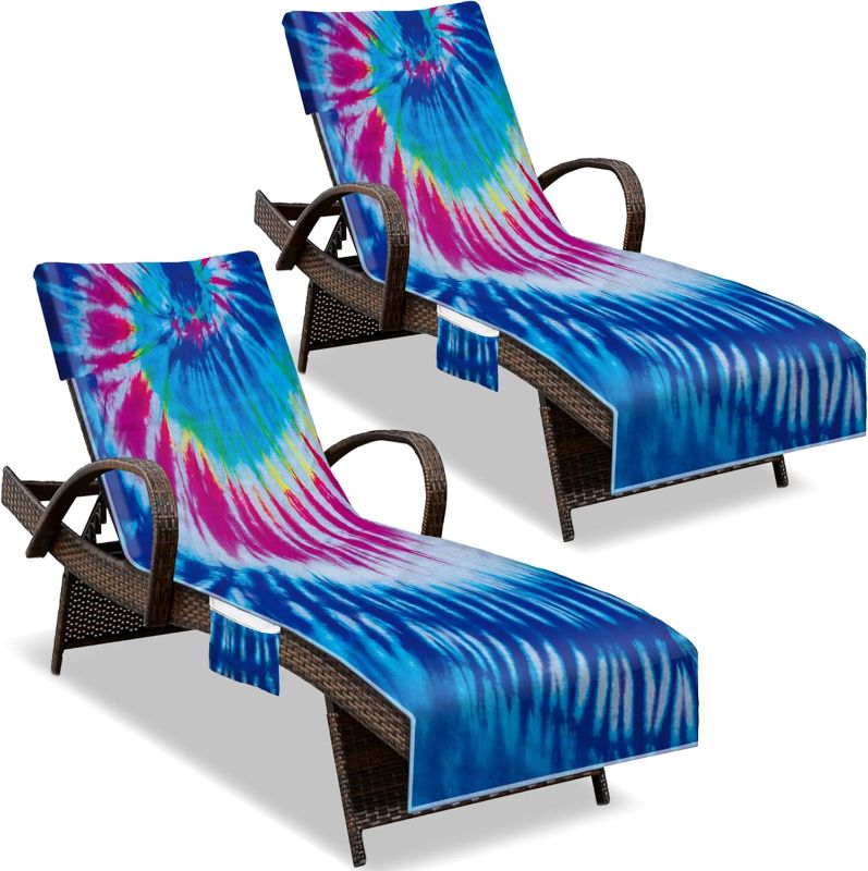 Photo 1 of Lounge Chair Towel Cover, (Pack of 2), Beach Chair Cover with Pockets, Pool Chair Covers for Outdoor Beach Furniture Sun Lounger, No Sliding, 85 X 30 in, Tiedye Blue Purple