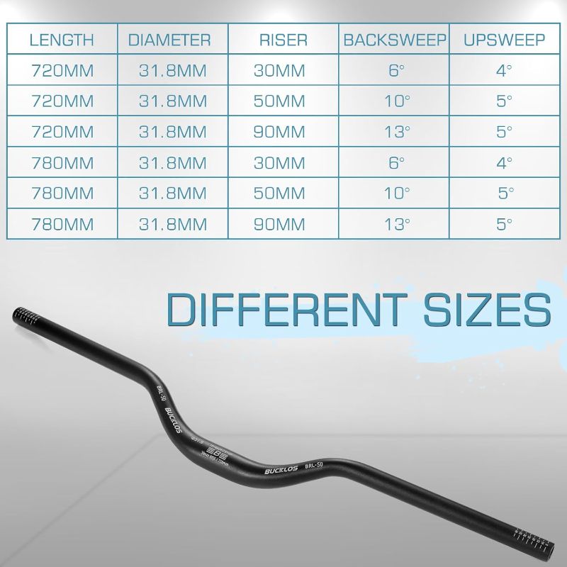 Photo 1 of BUCKLOS Mountain Bike MTB Handlebars 25.4/31.8mm - 20/30/50/90/100/120/160mm Rise MTB Aluminum Alloy Handlebar - 720/780mm Extra Long Bicycle Riser HandleBars for E-Bike Folding Bike Downhill Racing.