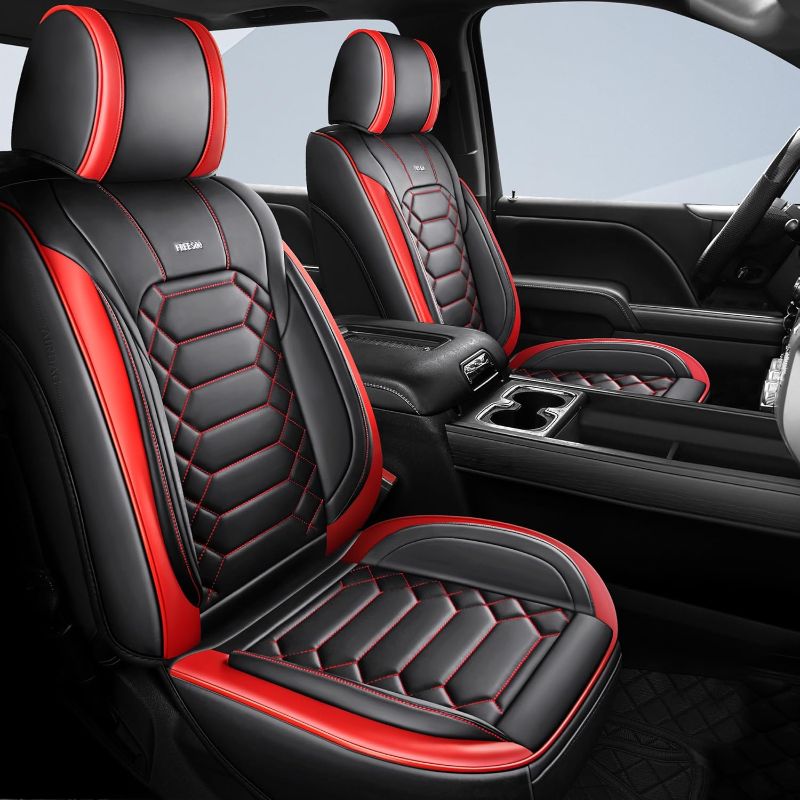 Photo 1 of FREESOO for Silverado 2014-2018 Leather Full Set Seat Covers, Fit for Chevy Silverado GMC Sierra 1500 2500 3500 Crew Cab Waterproof Truck Seat Covers BlackRed