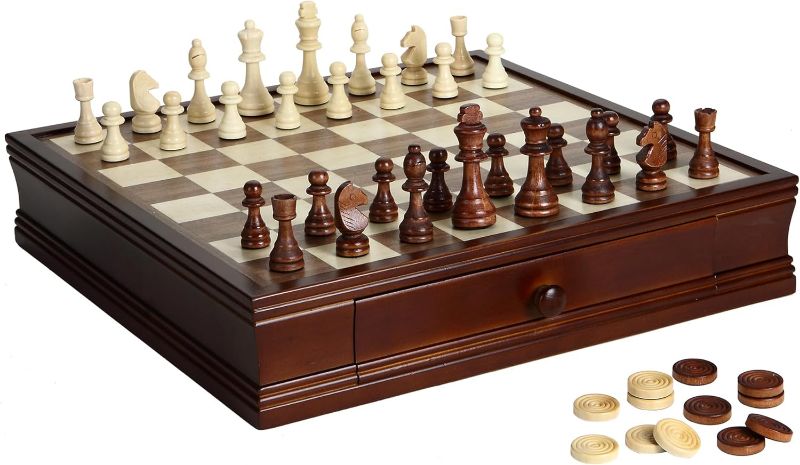 Photo 1 of Hathaway Prodigy 19-in Wooden Chess and Checkers Set – Hardwood Board with Hand-Carved Pieces, Built-in Storage Drawers - Complete Wooden Chess Set - Walnut and Maple Finish