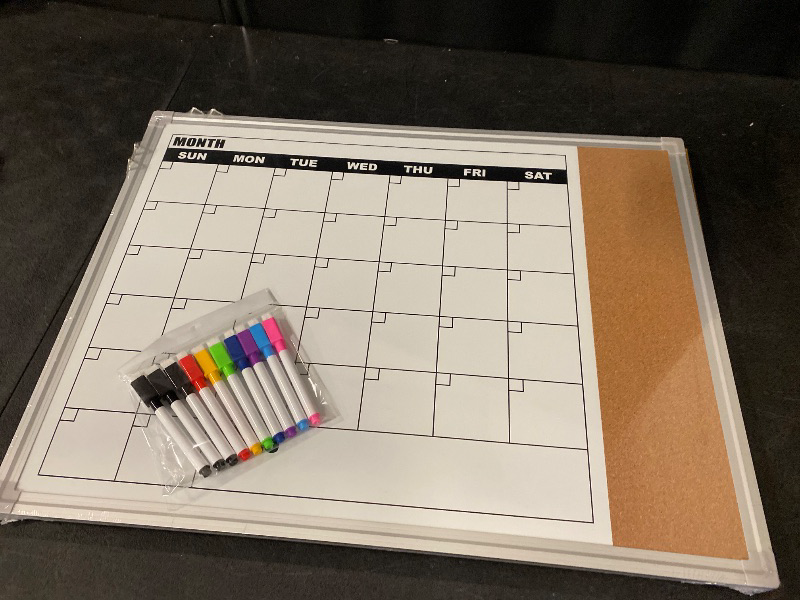 Photo 1 of Monthly Calendar Whiteboard Dry Erase Cork Board Combo for Wall, 24" x 18" Double-Sided Calendar White Board and Bulletin Board, Portable Board for Office, Kitchen, School, Home