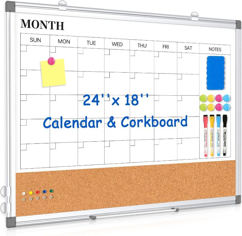 Photo 1 of Monthly Calendar Whiteboard Dry Erase Cork Board Combo for Wall, 24" x 18" Double-Sided Calendar White Board and Bulletin Board, Portable Board for Office, Kitchen, School, Home