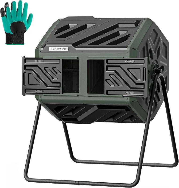 Photo 1 of THEGROW'ING Updated 43 Gallon Compost Bin Outdoor, Fast Assemble Tumbling Composter, Dual Chamber Composter Tumbler, Rotating Compost Bin for Outside, Backyard, Garden and Yard, Green