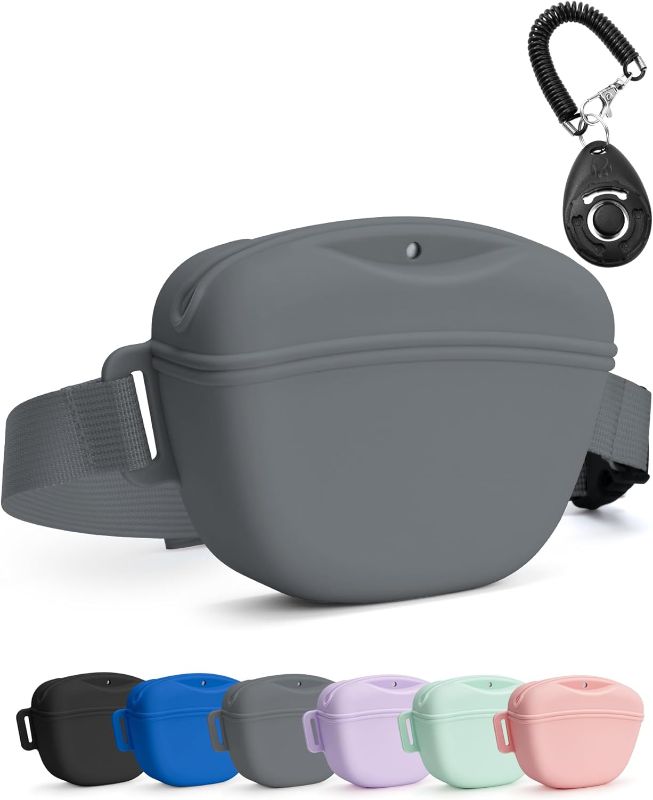 Photo 1 of Dog Treat Pouch with Training Clicker, Upgrade Stronger Magnetic Closure to Avoid Spilling, 1.67 Cup Silicone Treat Bag Fanny Pack with Waist Belt for Pet Training Walking (Grey)