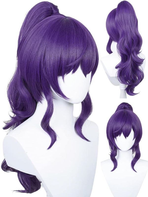 Photo 1 of Purple Ponytail Wig with Bangs Asahina Mafuyu Cosplay Wigs 23.6'' Long Curly Dark Purple Anime Pigtail Wig for Women Halloween Costume Party