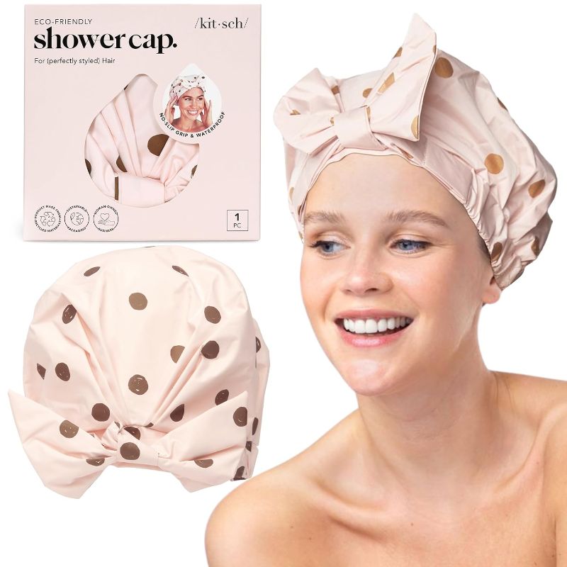 Photo 1 of Kitsch Luxury Shower Caps for Women Reusable Waterproof - Large Shower Cap for Women, Non-slip, Quick-dry Hair Cap for Long and Short Hair, Comfortable and Stylish Design - Blush Dot