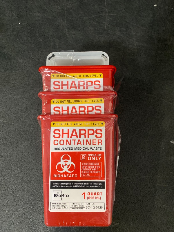Photo 1 of Sharps Container Large - Sharps Containers for Home Use and Labs - Portable Needle Disposal and Travel Size Biohazard Bin - 1 Quart (Pack of 3)