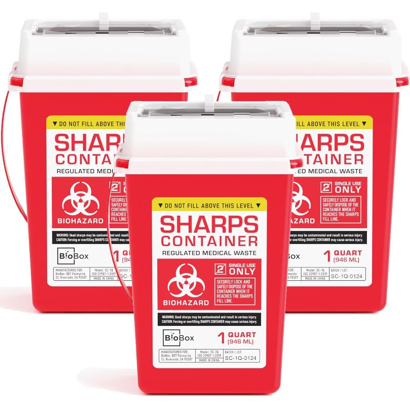 Photo 1 of Sharps Container Large - Sharps Containers for Home Use and Labs - Portable Needle Disposal and Travel Size Biohazard Bin - 1 Quart (Pack of 3)