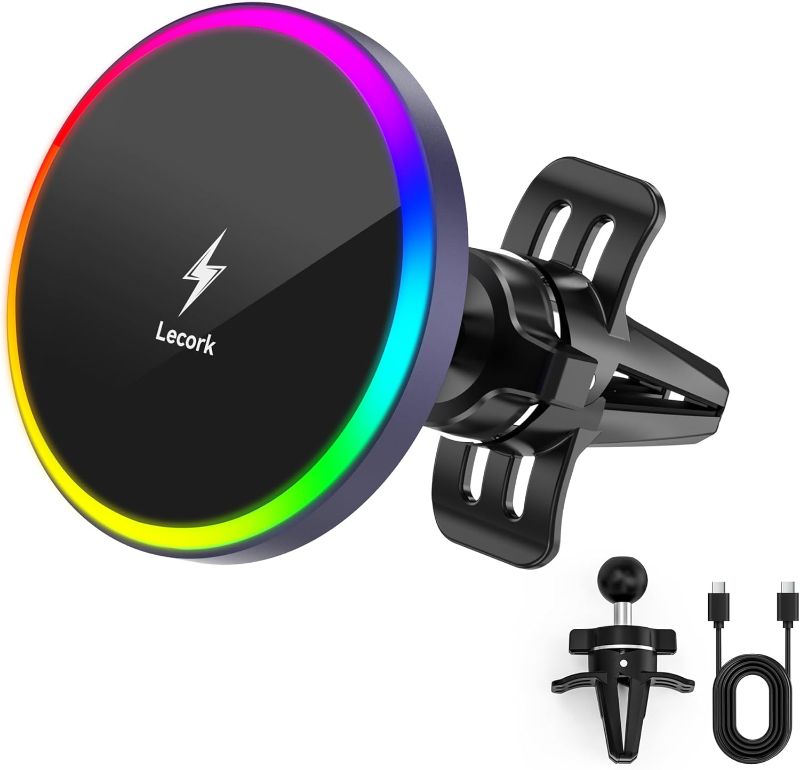 Photo 1 of Lecork for Magsafe Car Mount, 15W Magnetic Wireless Charger for iPhone, Magsafe Air Vent Car Holder Charger for iPhone 16 Pro Max/16/15/14 13 12, Samsung S25/S25+/Ultra, RGB LED Design (Purple)