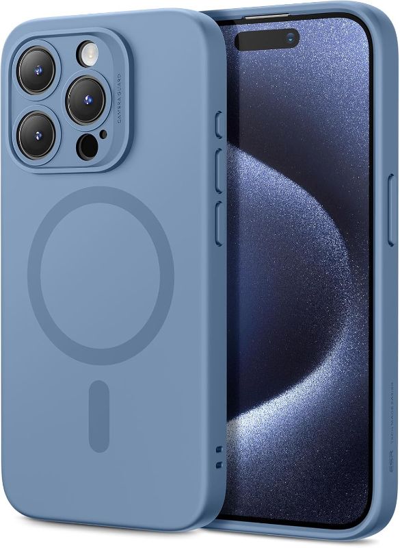 Photo 1 of ESR for iPhone 15 Pro Max Case with MagSafe, Supports Magnetic Charging, Slim Liquid Silicone Case, Shock Absorbing, Screen and Camera Protection, Cloud Series, Light Blue