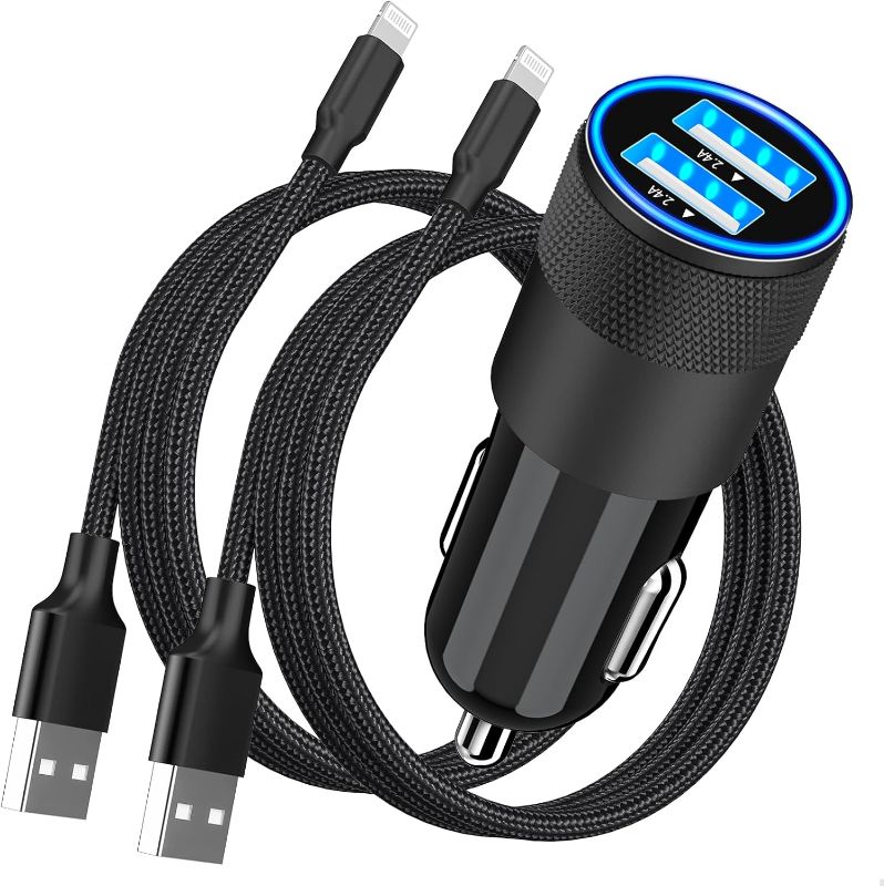 Photo 1 of iPhone Car Charger Fast Charging, Rombica 4.8A Dual USB Smart Power Cigarette Lighter USB Car Charger with 2Pack Lightning Braided Cable for iPhone 14 13 12 11 Pro XS Mini XR X SE iPad