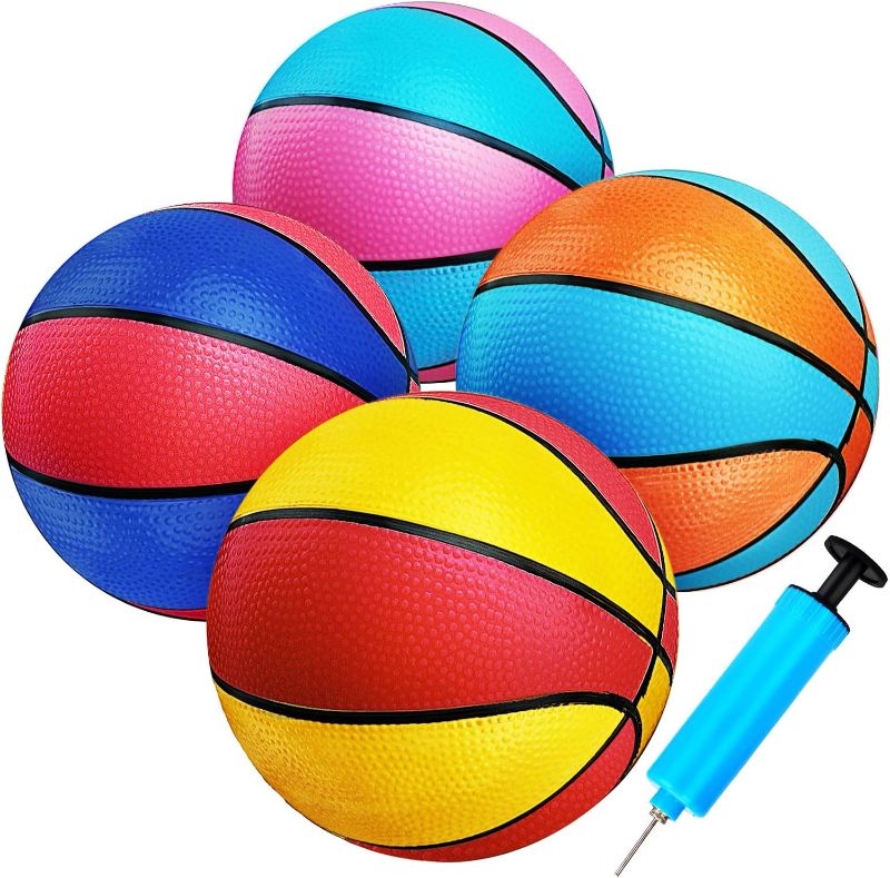 Photo 1 of 4 Packs Mini Basketballs 7 Inch Size 3 with Pump, Kids Small Basketball Set for Basketball Hoop Pool Party Games Indoor Outdoor Play Sports Toys Bouncy Basket Balls for Kids Toddlers 1-3 3-5 5-7 Gifts