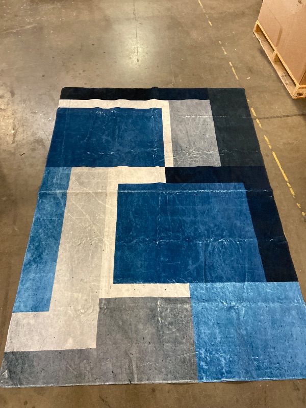 Photo 1 of 5x7 Area Rug Living Room, Blue Grey Geometry Rugs, Washable Square Contemporary Floor Carpet for Indoor Decor, Low Pile Non-Slip Modern Rug for Bedroom