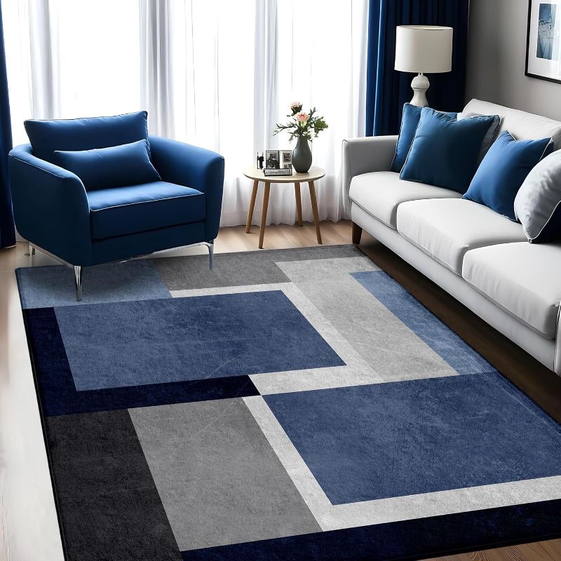 Photo 1 of 5x7 Area Rug Living Room, Blue Grey Geometry Rugs, Washable Square Contemporary Floor Carpet for Indoor Decor, Low Pile Non-Slip Modern Rug for Bedroom