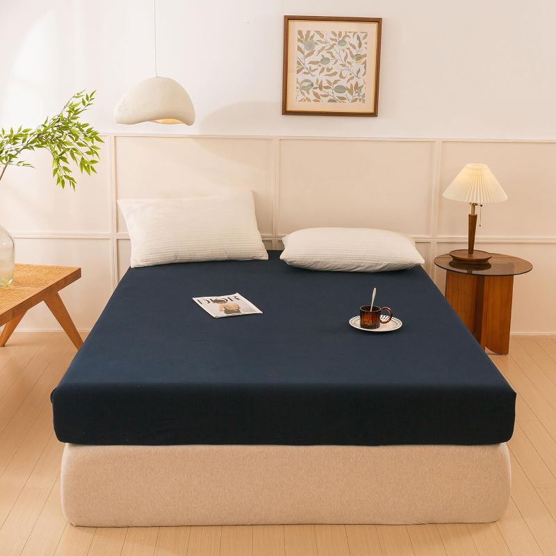 Photo 1 of Ecocott Bedding Navy Blue Fitted Sheet Queen Size - 100% Selected Natural Cotton - Elasticized Deep Pockets, Shrinkage & Fade Resistant - Easy Care