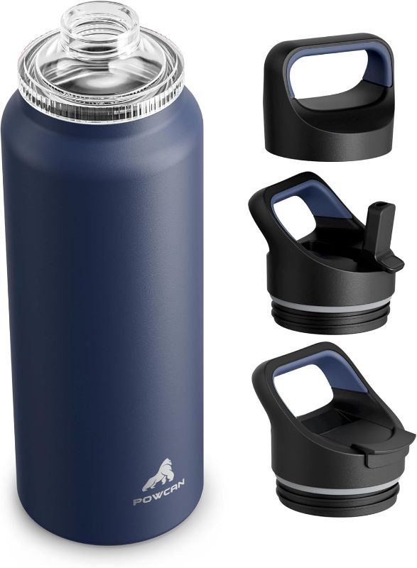 Photo 1 of 40 oz Insulated Water Bottle for Sports: 3 Lids, Leakproof, Keep Ice 24H and Hot 12H, Double Wall, Large Metal Water Flask with Handle for Camping, Hiking, Outdoors, Workout, Travel (Navy Blue)