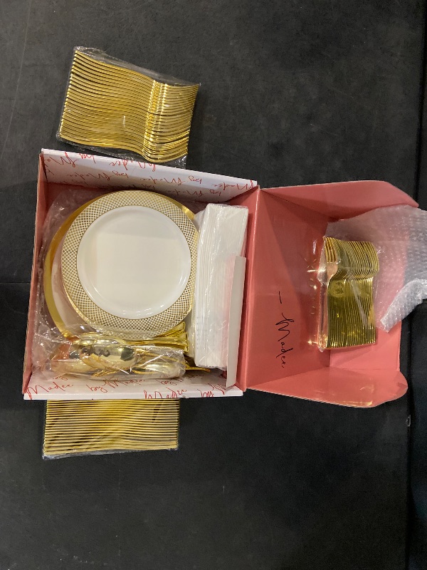 Photo 1 of By Madee High End Thanksgiving Disposable Dinnerware Set - 175 Pcs 25 Guests – White & Gold Plastic Plates, Cutlery Linen Feel Napkins - Elegant and Effortless for Fall Holiday Hosting