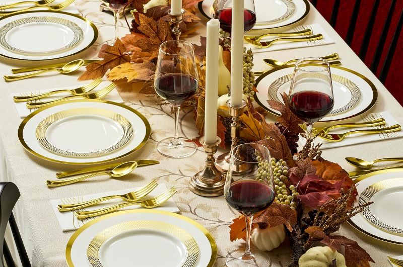 Photo 1 of By Madee High End Thanksgiving Disposable Dinnerware Set - 175 Pcs 25 Guests – White & Gold Plastic Plates, Cutlery Linen Feel Napkins - Elegant and Effortless for Fall Holiday Hosting