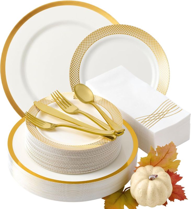 Photo 1 of By Madee High End Thanksgiving Disposable Dinnerware Set - 175 Pcs 25 Guests – White & Gold Plastic Plates, Cutlery Linen Feel Napkins - Elegant and Effortless for Fall Holiday Hosting
