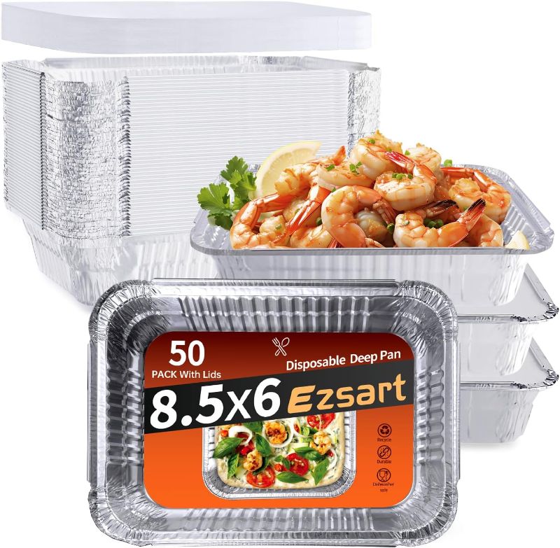 Photo 1 of Aluminum Pans with Lids - 50 Pack 2.25LB Capacity Disposable Pans, 8.5”x6” Heavy Duty Tin Foil Pans with Lids for Cake Baking, Cooking, Heating, Storing, Prepping Food