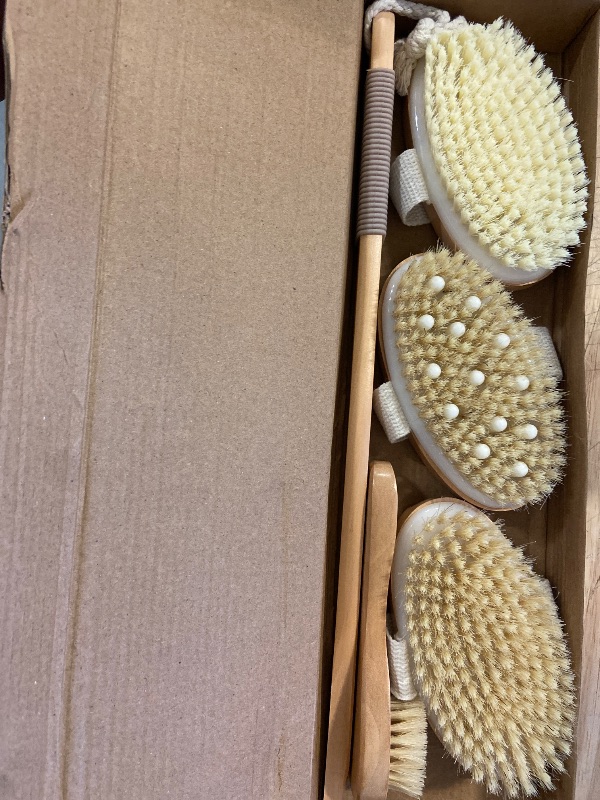 Photo 1 of Dry Brushing Set - Natural Boar Bristle Body & Face Brush, Wooden Long Handle Scrub Brush for Cellulite & Lymphatic Drainage, Detachable, 3 Brush Heads