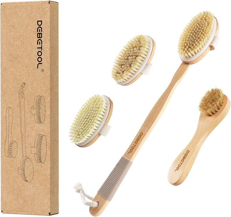 Photo 1 of Dry Brushing Set - Natural Boar Bristle Body & Face Brush, Wooden Long Handle Scrub Brush for Cellulite & Lymphatic Drainage, Detachable, 3 Brush Heads