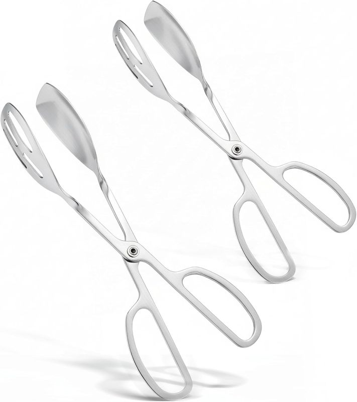 Photo 1 of 2-PACK Salad Tongs for Serving - Premium Stainless Steel Scissor-Style, Non-Toxic, Heat-Resistant Salad Servers, Dishwasher Safe, Ideal for Buffet and Party Use (Silver)