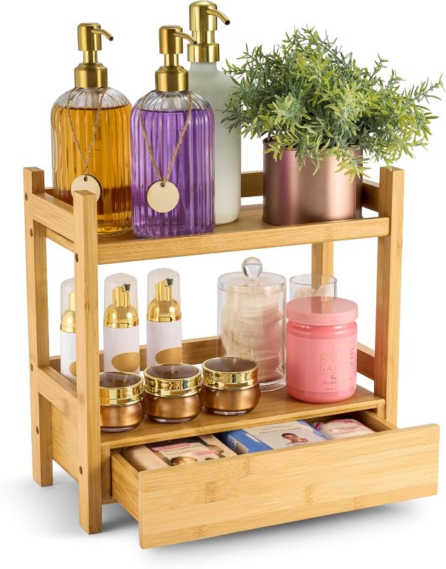Photo 1 of Sorbus Bamboo Bathroom Counter Organizer – 2-Tier Shelf with Hidden Drawer for Vanity, Matcha Station, Bathroom Sink Organizer Countertop, Kitchen & Office Storage (13Lx6.5Wx12.6H)