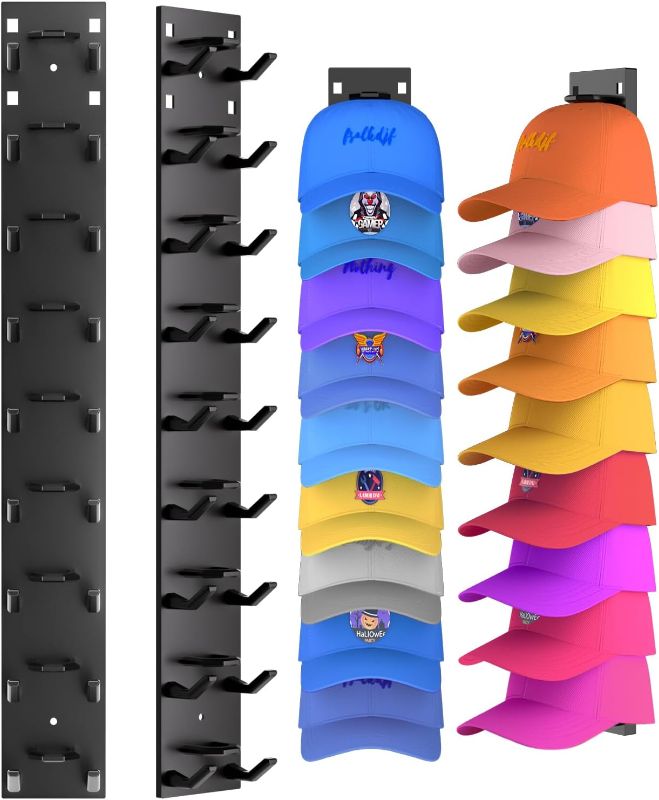 Photo 1 of 2 Pack Hat Organizer for Baseball Caps, Strong Adhesive Hat Rack for Wall, Multilayer Hat Storage Display Holder, Wall Mounted Hat Hooks Hold up to 18 Hats for Closet Door and Bedroom (Black)