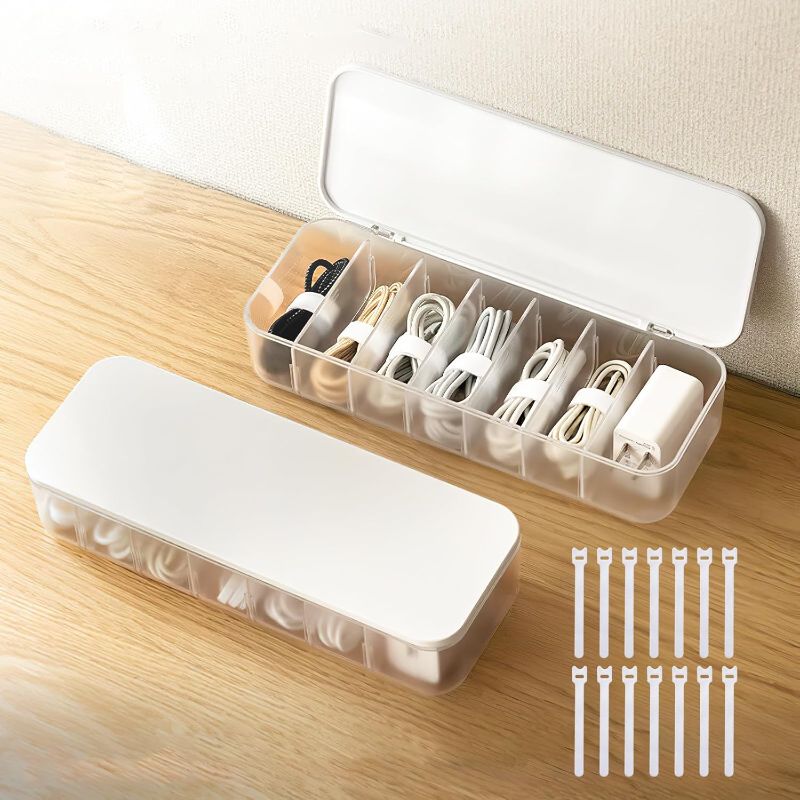 Photo 1 of 2 Pcs Cable Organizer Storage Box with 14 Wire Ties,Desktop Cable Management Box with Lid,Power Cord Organizer for Office,Home,Desk Accessories Storage Stationery Supplies White