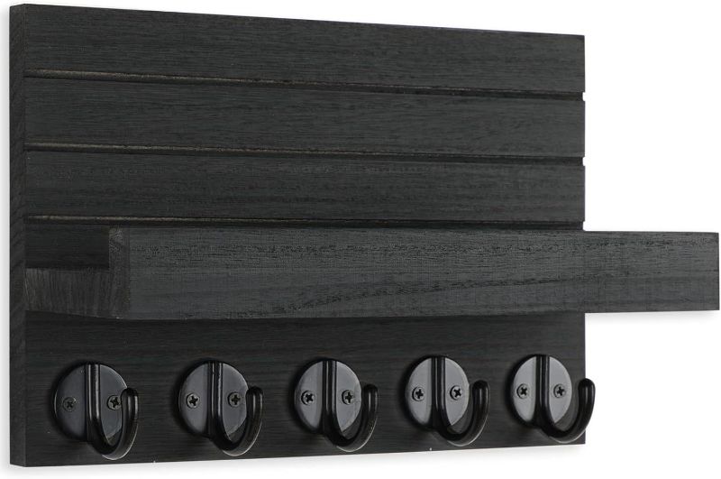 Photo 1 of 9.8”W x 6.7”H x 4.2”D) - Key Holder for Wall, Decorative Key and Mail Holder with Shelf Has Large Hooks for Bags, Coats, Umbrella – Paulownia Wood Key Hanger with Mounting Hardware