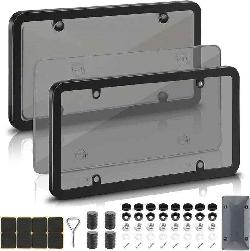Photo 1 of 2 Pack License Plate Protector & Frame Combo, Clear Plastic Car Front/Rear Covers with Screws Caps, Universal Fit Car Accessories + Bonus Valve Stem Caps, Adhesive Pads & Mini Screwdriver