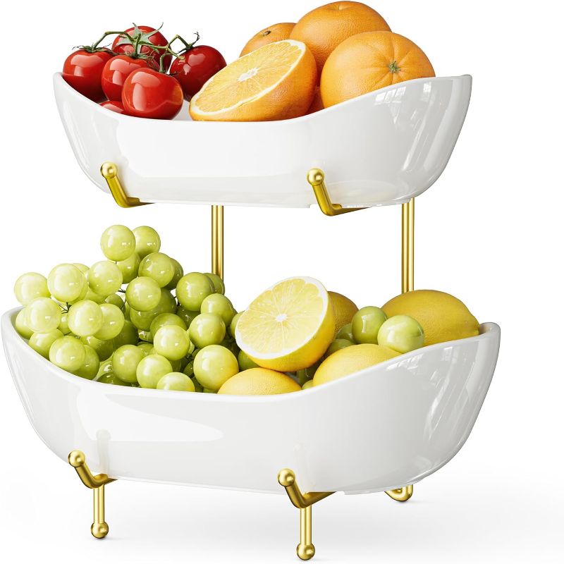 Photo 1 of 2 Tier Ceramic Fruit Bowl with Metal Stand – Tiered Fruit Stand for Kitchen Countertop, Serving Tray for Snacks, Nuts, Cakes, Desserts, Bread, Candy Storage, Gold