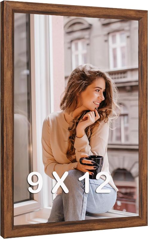 Photo 1 of 9x12 Wood Frame Brown, Rustic Natural Wooden 12x9in Poster Picture Frame, Distressed 9 x 12inch Woodgrain Gallery Photo Frame with HD Plexiglass, Horizontal Vertical Wall Mounting Display 1pcs