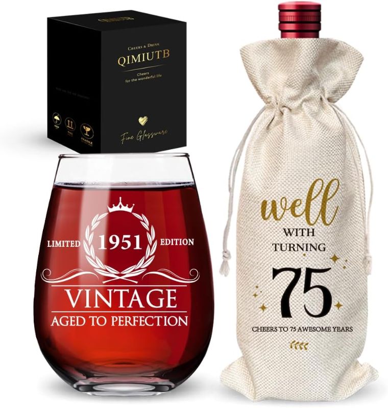 Photo 1 of 1951 Limited Edition Wine Glass, 75th Birthday Gifts for Women,75th Birthday Aged to Perfection, 75th Birthday Presents for Mom 75th Birthday Party, 1 Pack Reusable Burlap Wine Bag-126