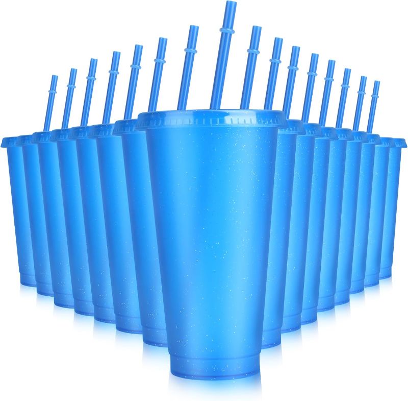 Photo 1 of Hxezoc 16 Pieces Reusable Cups with Lids and Straws, 24 oz Glitter Plastic Tumbler Iced Coffee Cups Travel Mug Cup for Birthday Party, Smoothie Juices Beach Party, Bachelor Party (Blue)