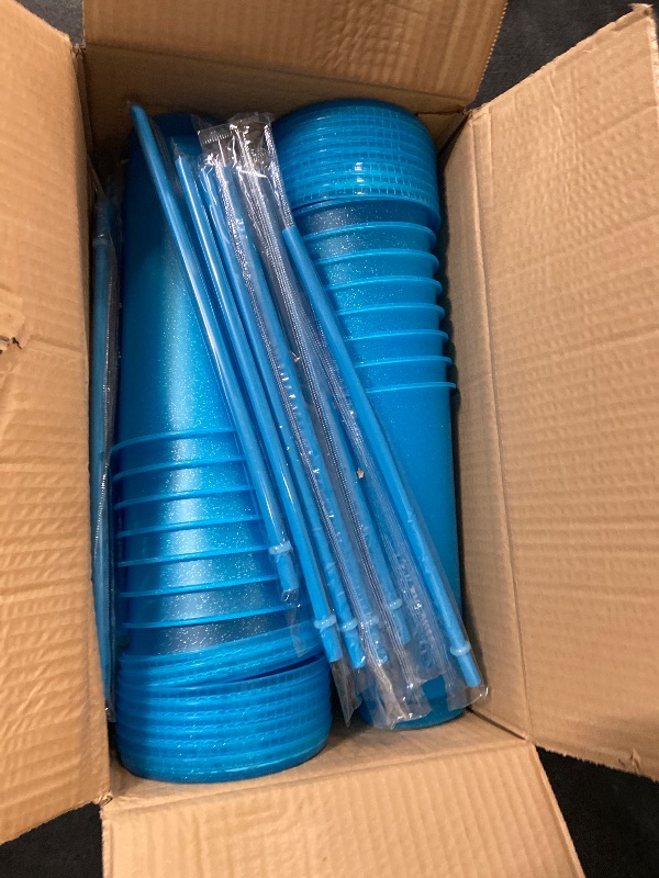 Photo 1 of Hxezoc 16 Pieces Reusable Cups with Lids and Straws, 24 oz Glitter Plastic Tumbler Iced Coffee Cups Travel Mug Cup for Birthday Party, Smoothie Juices Beach Party, Bachelor Party (Blue)