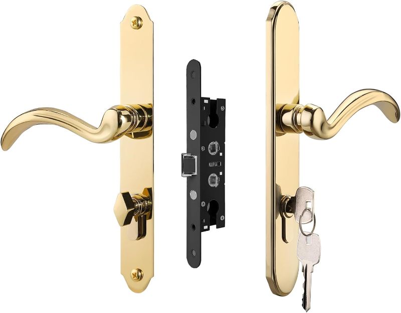 Photo 1 of HauSun Storm Door Handle Set Replacement Kit with 2 Point Mortise Lock and Key,Security Door Keyed Lever Handle Fits for Pella or Larson Storm Door (Polished Gold)