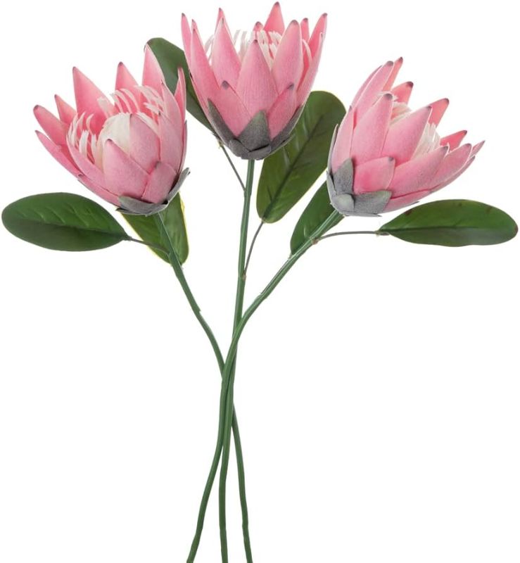 Photo 1 of Artificial Flowers Fake Silk Protea Cynaroides Plastic Flower Arrangements Decor Bouquet for Wedding Table Centerpieces 3pcs (Pink)