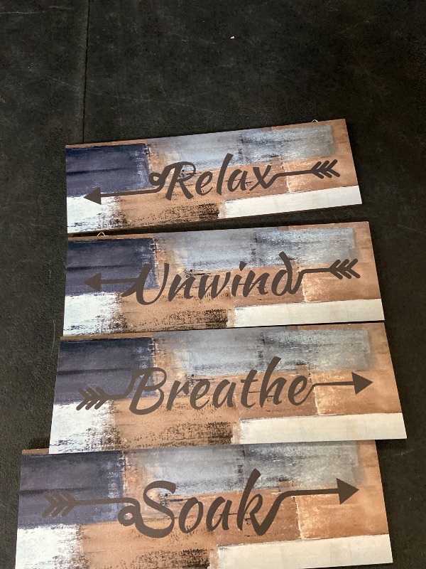 Photo 1 of Lnond 4 Pieces Blue and Brown Abstract Bathroom Wall Art, Relax Soak Unwind Breathe Signs Decor, Wood Hanging Wall Art for Bathroom Spa Room (12 x 4 Inch)