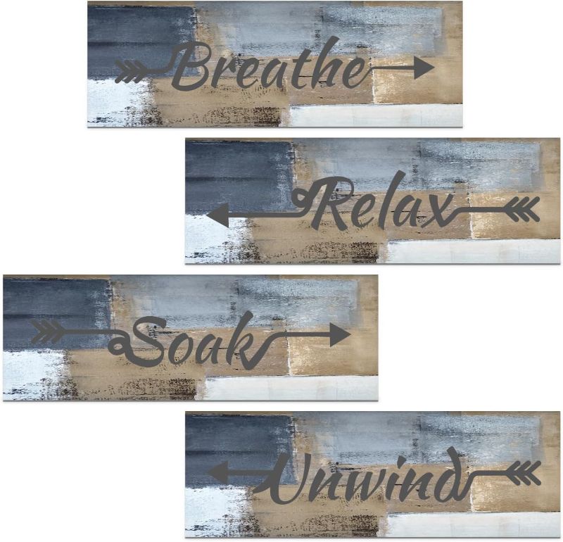 Photo 1 of Lnond 4 Pieces Blue and Brown Abstract Bathroom Wall Art, Relax Soak Unwind Breathe Signs Decor, Wood Hanging Wall Art for Bathroom Spa Room (12 x 4 Inch)