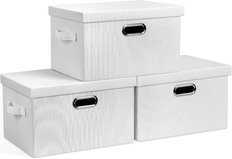Photo 1 of Medium 15" 21 Quart Collapsible Stackable Storage Bins with Lids, 3 Packs White Foldable Fabric Closet Boxes Heavy-duty Linen Cube Baskets Container for Bedroom Office (15 x 11 x 8)